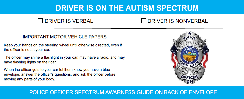 Blue Envelope Cover Text and Tipp City Police Badge Icon